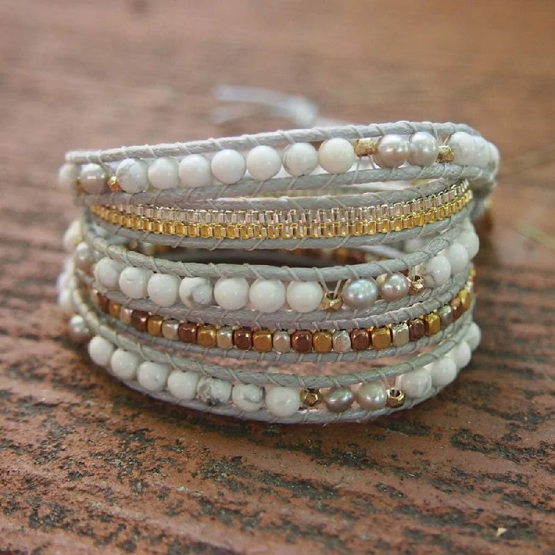 designer charm bracelets for women -Boho chic White Mixed Howlite Wrap Beadwork Bracelet