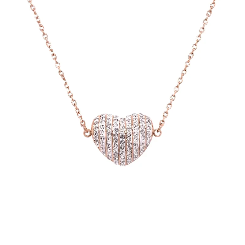 heart-shaped necklaces for women -Rose Stainless Steel Pave Crystal Puff Heart Necklace