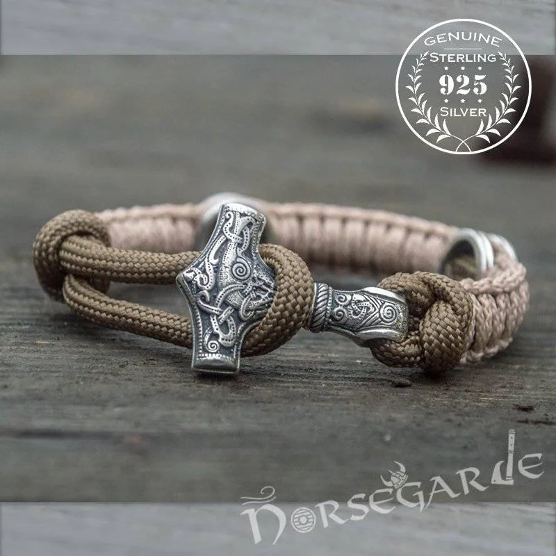 gold chain bracelets for women -Handcrafted Cream Paracord Bracelet with Mjölnir and Runes - Sterling Silver