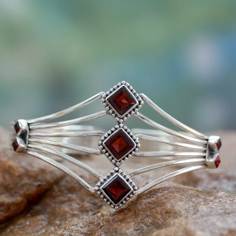 bracelet sets for women -Garnet & Sterling Silver Cuff Bracelet