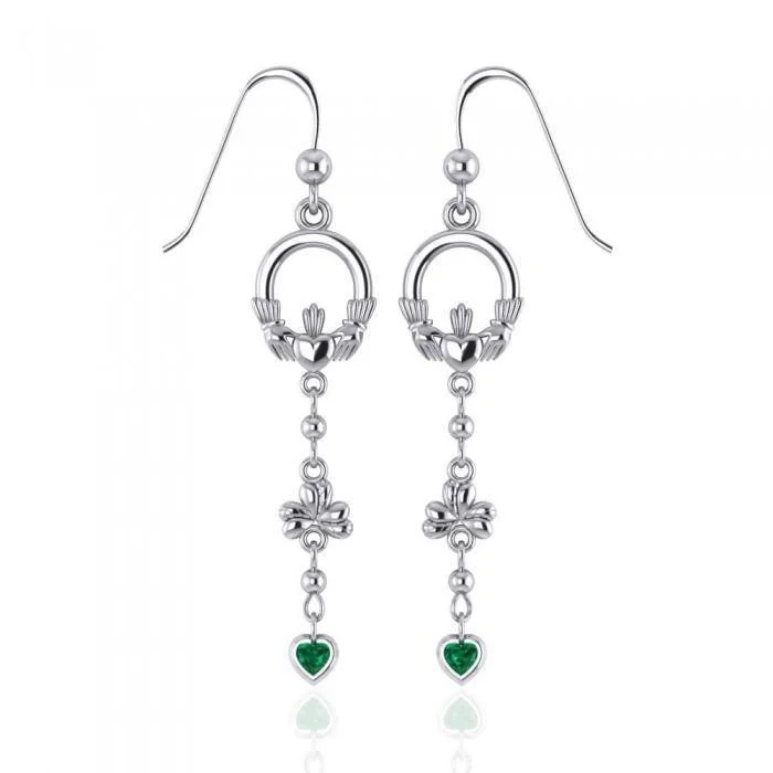 diamond earrings for women -Celtic Claddagh Shamrock Sterling Silver Earrings With Emerald Glass Hearts TER153