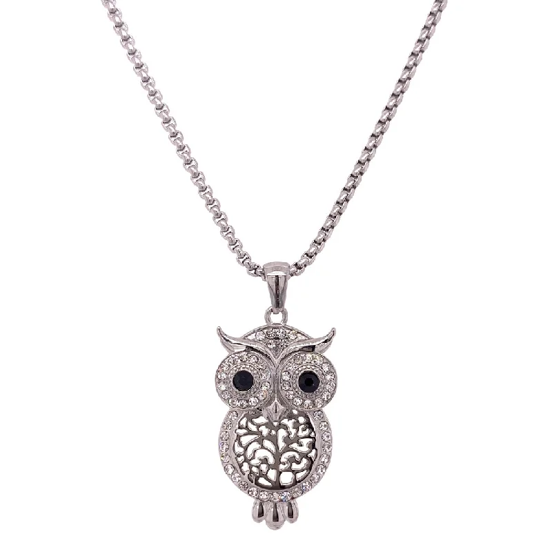 silver pendant necklaces for women -Stainless Steel Crystal Owl Necklace