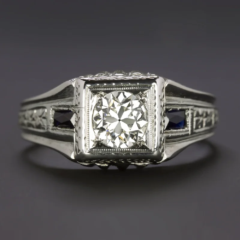 round cut engagement rings for women -ART DECO DIAMOND RING 0.80ct OLD EUROPEAN CUT 18k WHITE GOLD VINTAGE SAPPHIRE