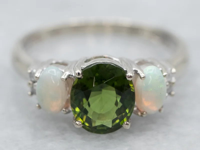 women’s engagement rings with diamonds -Green Tourmaline Opal and Diamond Ring