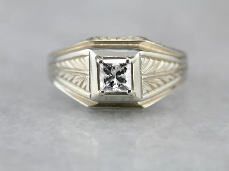 vintage inspired diamond engagement rings -Men's Art Deco Etched Diamond Ring