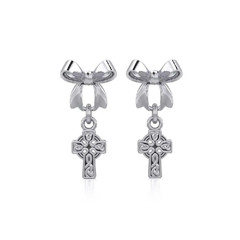 elegant earrings for women -Ribbon with Dangling Celtic Cross Silver Post Earrings TER1864