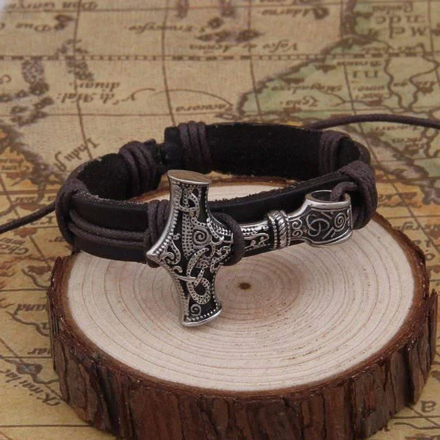 women’s bangles set -Thor's Hammer Leather Strap Bracelet - Stainless Steel