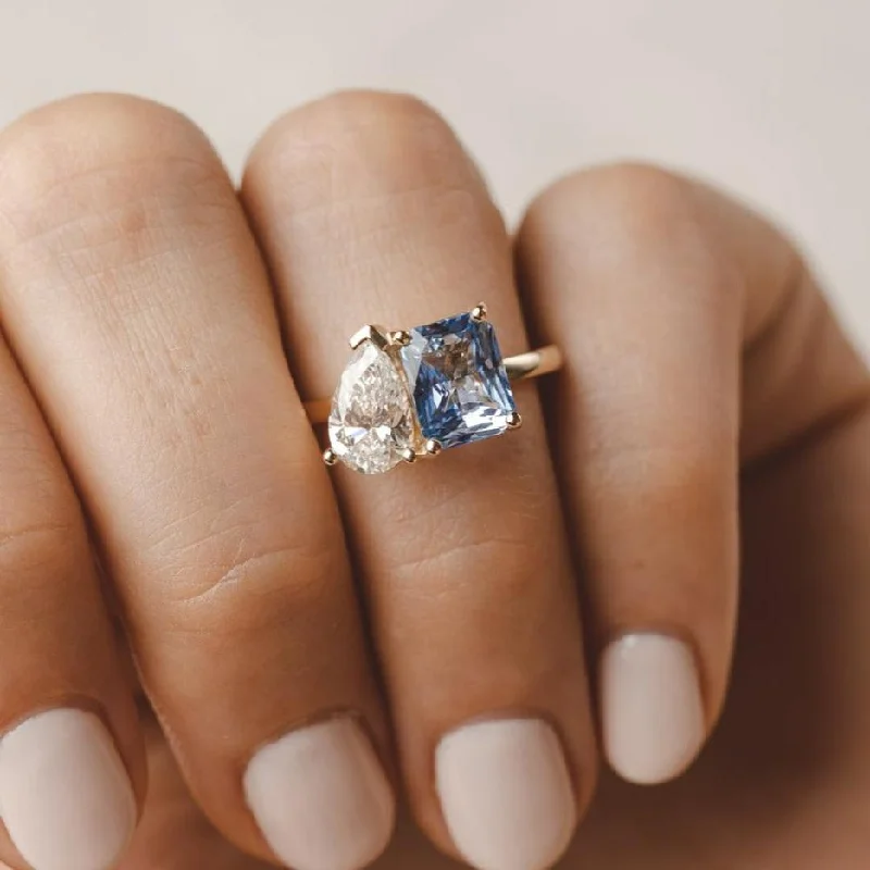 bridal set engagement rings -Elodie Toi et Moi Blue Ceylon Radiant Sapphire and Lab Diamond Ring