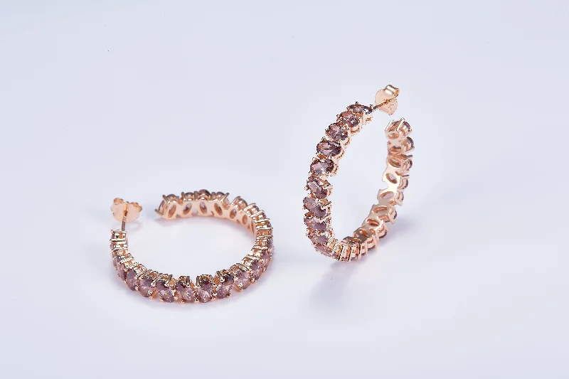 vintage-inspired earrings for women -Ovale Brown Hoop Earrings in Rose Gold Plating REOLBR-PG