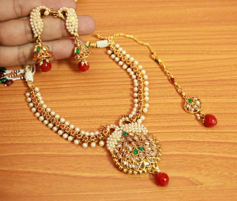 elegant silver necklaces for women -Multicolour Polki & Pearl Peacock Necklace Set