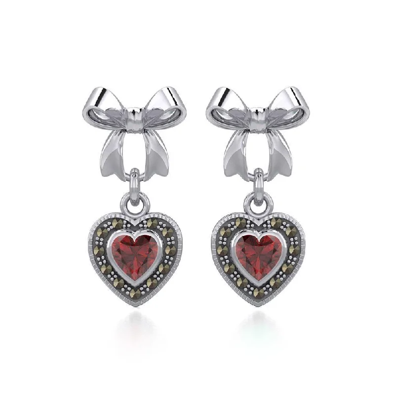 handmade earrings for women -Ribbon with Dangling Marcasite Heart Gemstone Silver Post Earrings TER1860