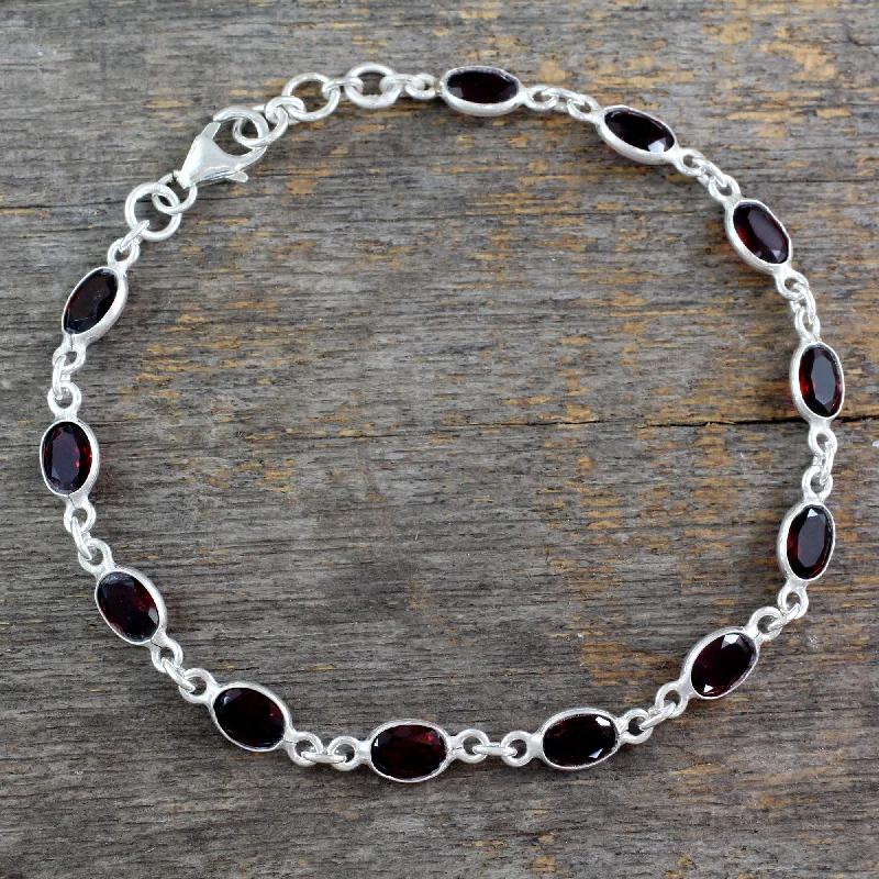 custom bangles for women -Romantic Red Garnet Silver Tennis Bracelet