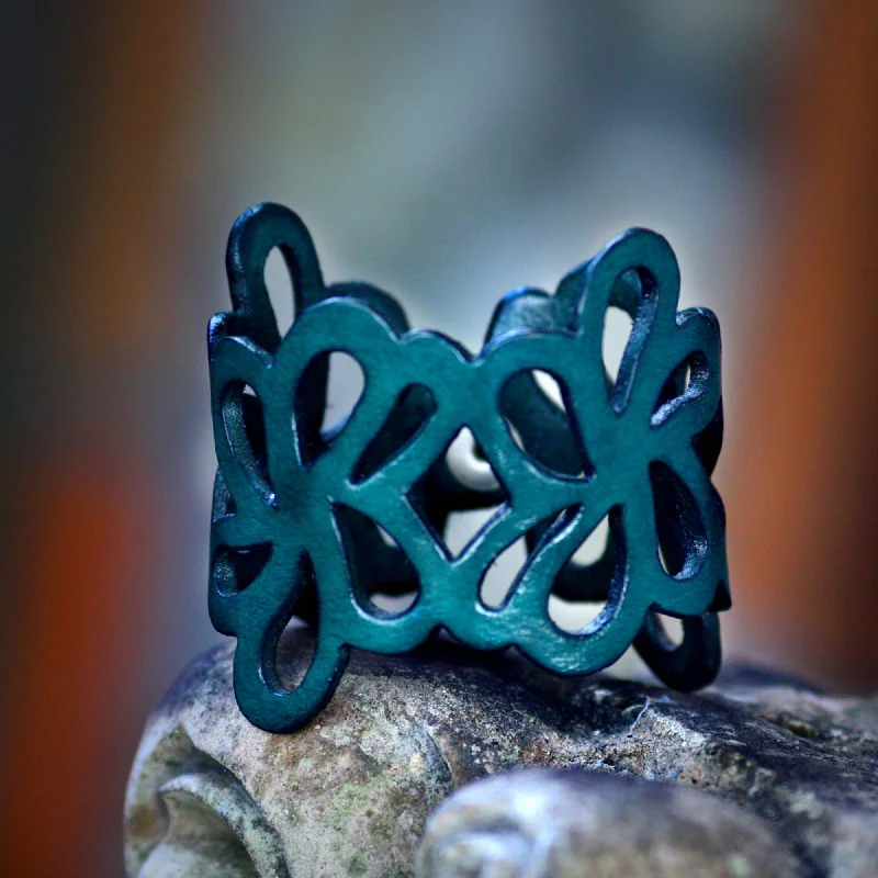 fashion bracelets for women -Dark Teal Petals Leather Cuff Bracelet