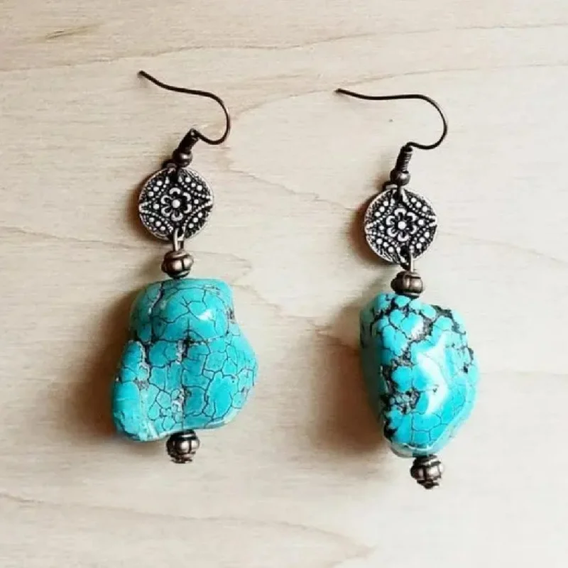 personalized stud earrings for women -Medallion Turquoise Chunk Earring