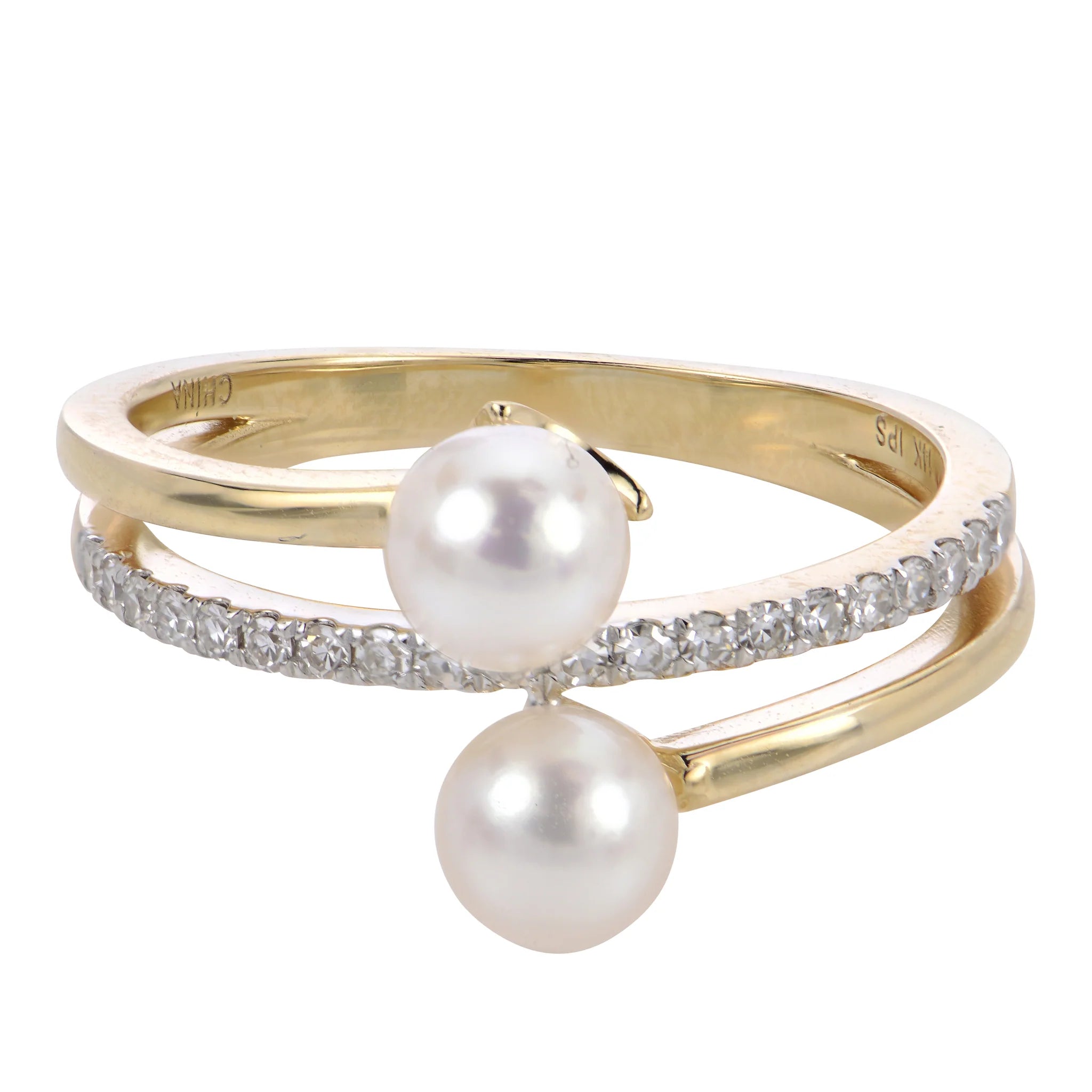 romantic engagement rings for women -14K Yellow Gold Bypass Stack Cultured Pearl and Diamond Ring