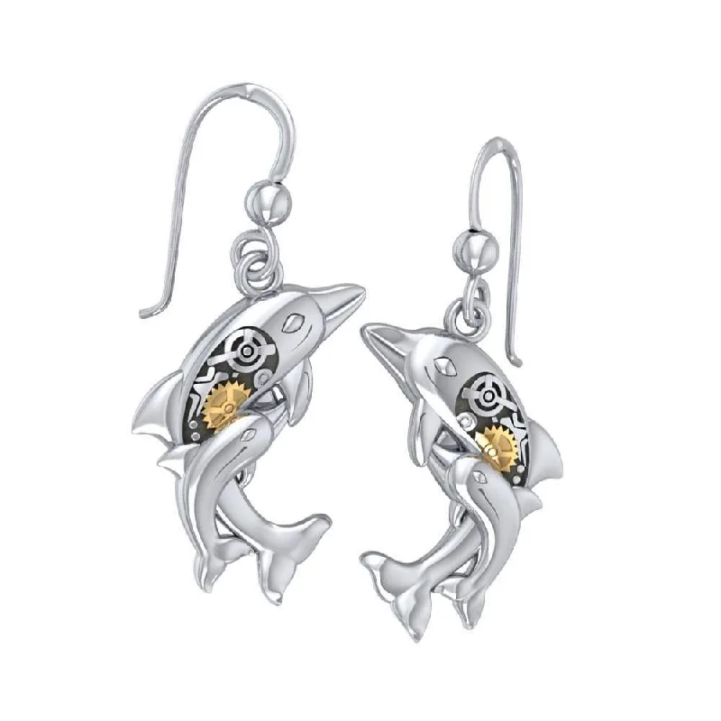 unique earrings for women -Concerted happiness with the twin dolphins ~ Sterling Silver Steampunk Hook Earrings with 14k Gold accent  MER1375