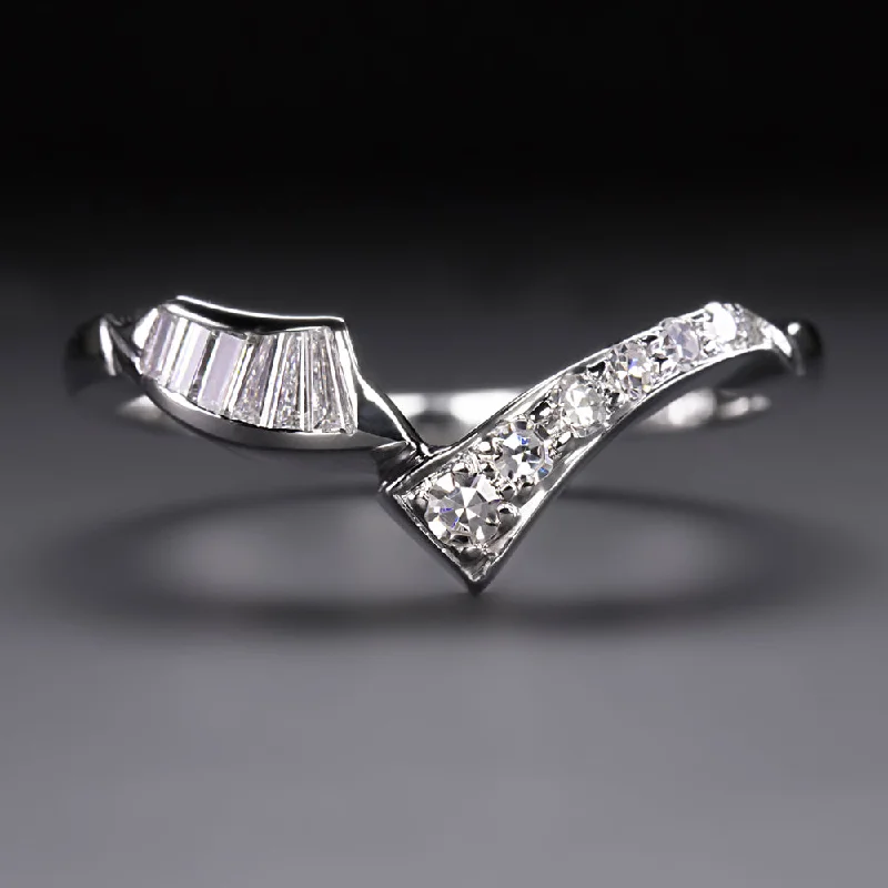 custom engagement rings for women -MID CENTURY VINTAGE DIAMOND BAND BYPASS RING F VS 14k WHITE GOLD NATURAL ESTATE