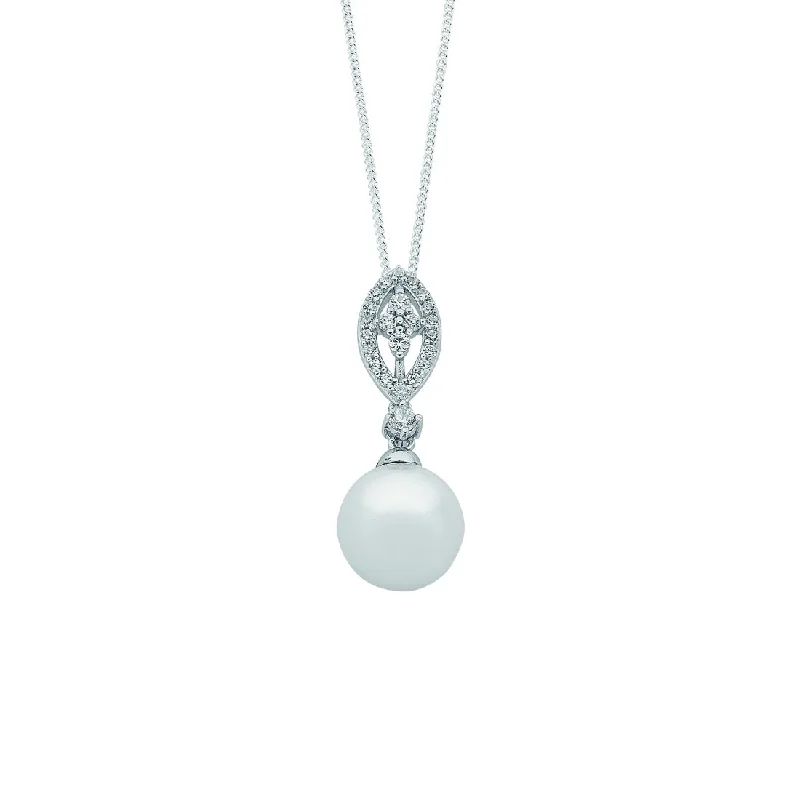 chunky necklaces for women -Sterling Silver Synthetic Pearl Cubic Zirconia Marquise Necklace