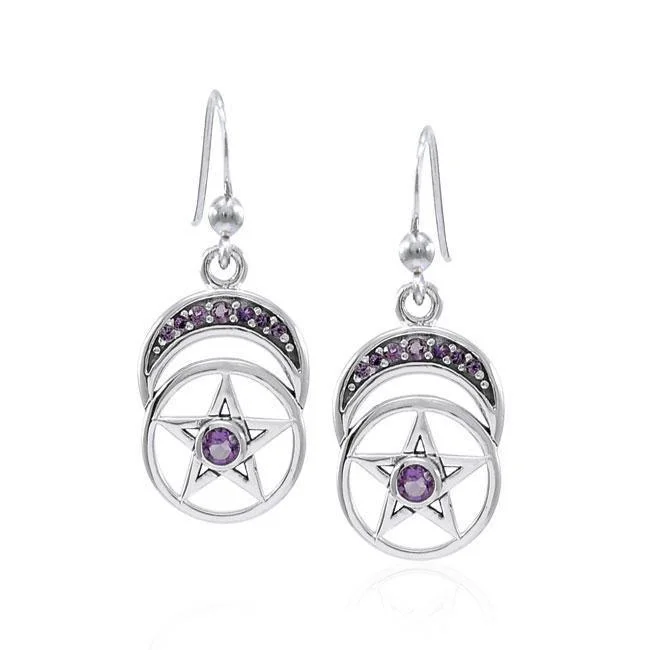 bridal earrings for women -Gemstone Moon and Pentacle Silver Earrings TER1575