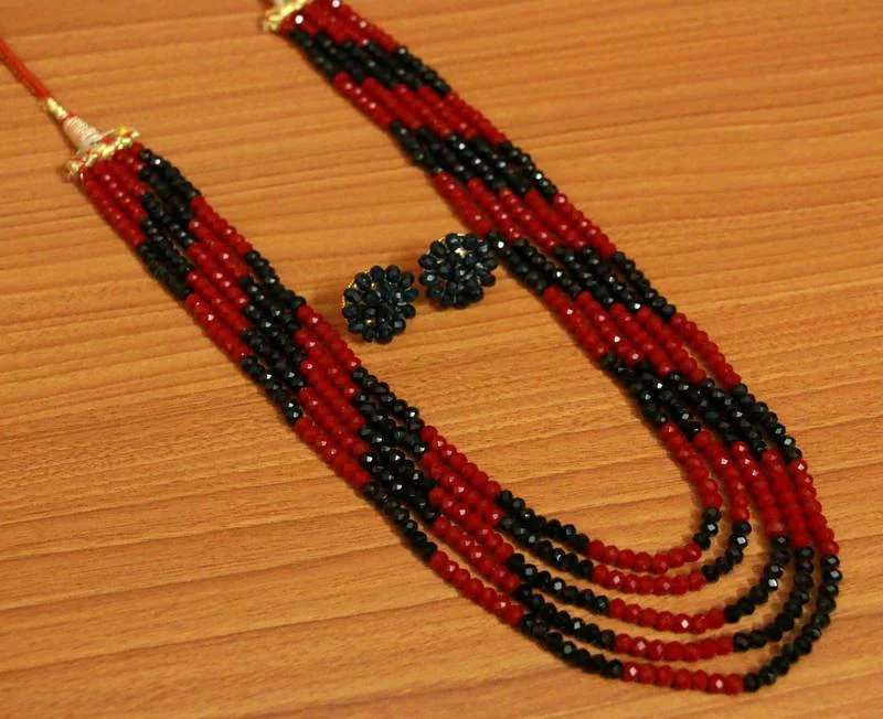 dainty necklaces for women -Red & Black Crystal 5 Line Necklace Set