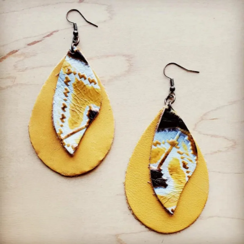 gemstone stud earrings for women -Leather Teardrop Mustard Earrings w/ Yellow Navajo Accent