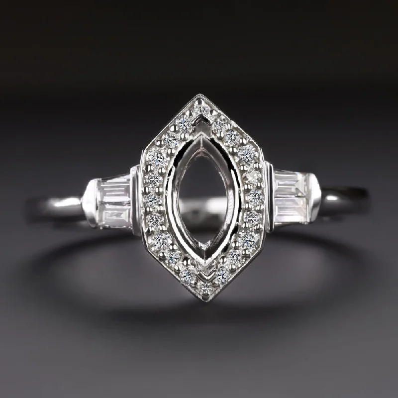 vintage style engagement rings -MARQUISE SHAPE DIAMOND RING SETTING VINTAGE STYLE HALO 14k WHITE GOLD SEMI MOUNT