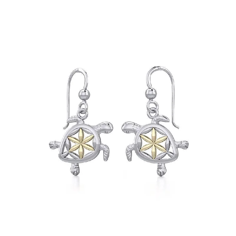 unique pearl earrings for women -Swimming Turtle with Flower of Life Shell Silver and Gold Accent Earrings MER1786