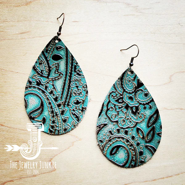 gold hoop earrings for women -Leather Teardrop Earrings-Turquoise Brown Paisley