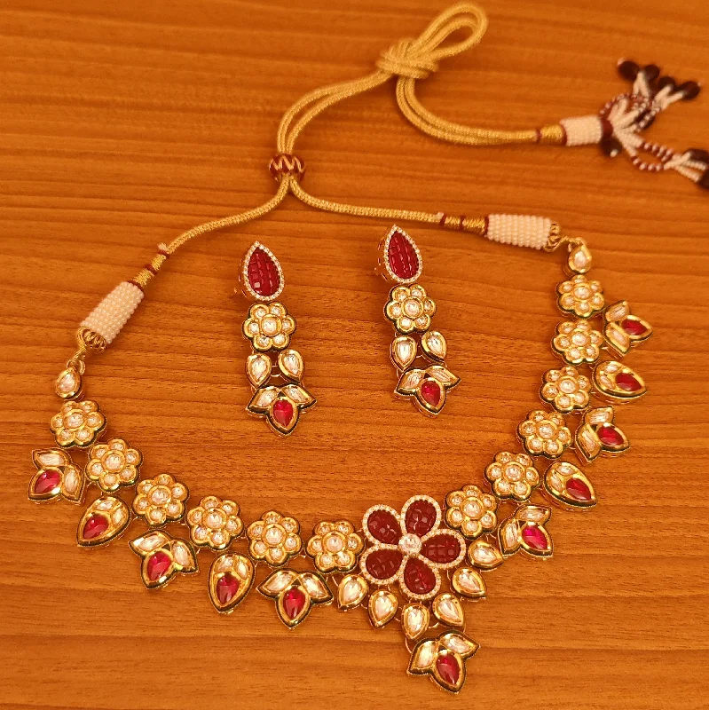 gemstone pendant necklaces for women -RUBY STUDDED KUNDAN POLKI ROYAL FINE WEDDING NECKLACE SET