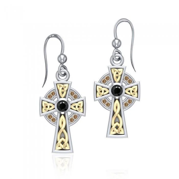 women’s bridal earrings -An honorable symbol of faith ~ Sterling Silver Jewelry Celtic Cross Hook Earrings with 18k Gold accent MER701