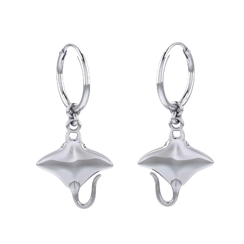 clip-on earrings for women -Manta Ray Sterling Silver Hoop Earrings TER2107