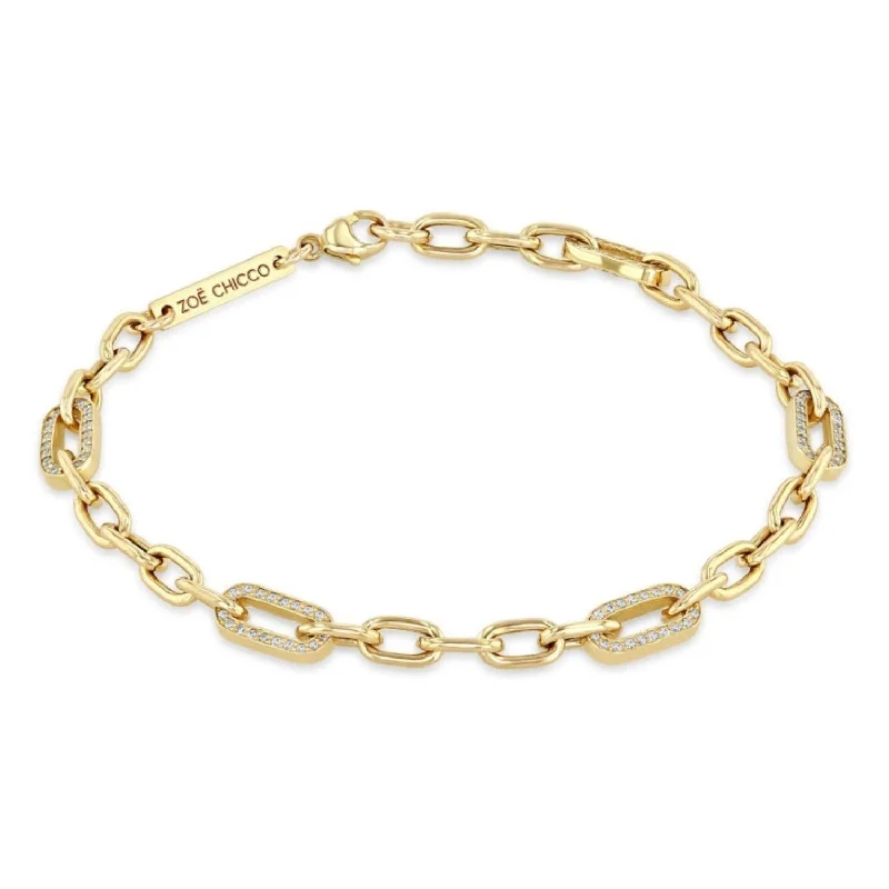 handmade bangles for women -14K Yellow Gold Link Chain Bracelet With 5 Pave Diamond Links