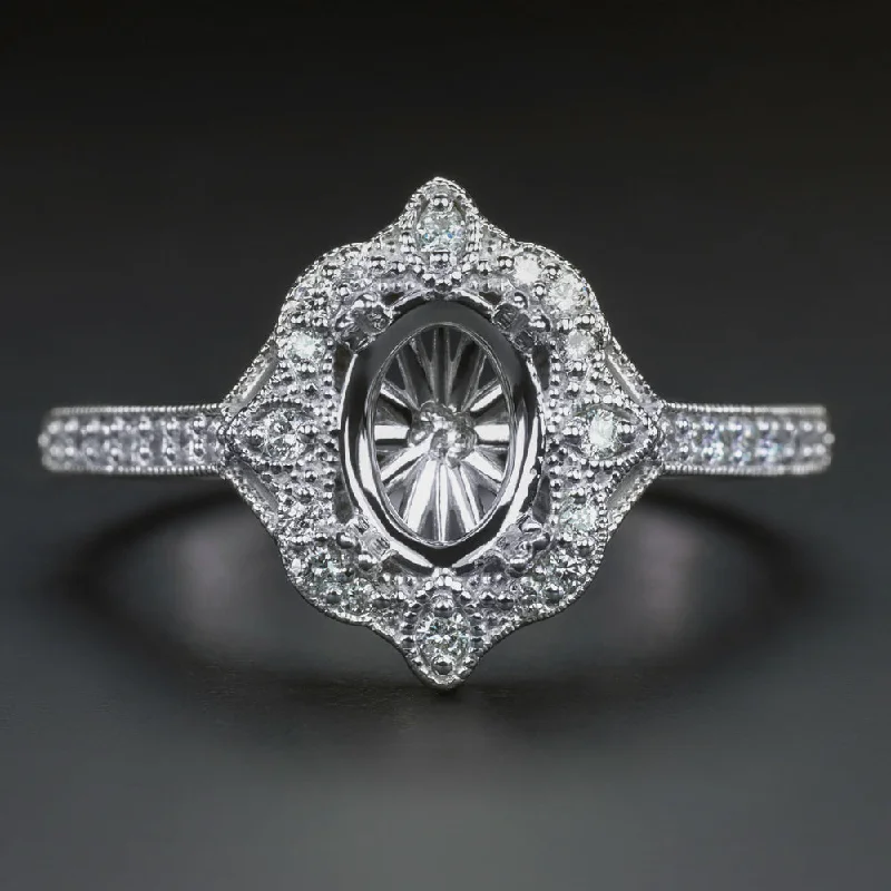 unique engagement rings for women -DIAMOND RING SETTING FOR 1ct OVAL SHAPE VINTAGE STYLE SCALLOPED HALO 14k MOUNT