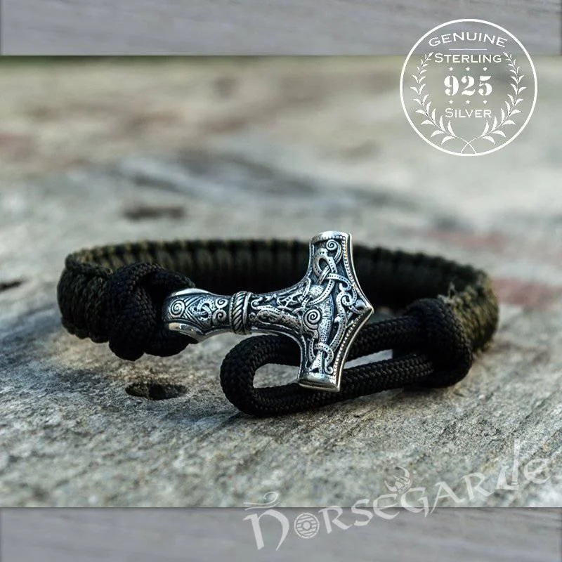 chunky bangles for women -Handcrafted Dark Olive Paracord Bracelet with Mjölnir - Sterling Silver