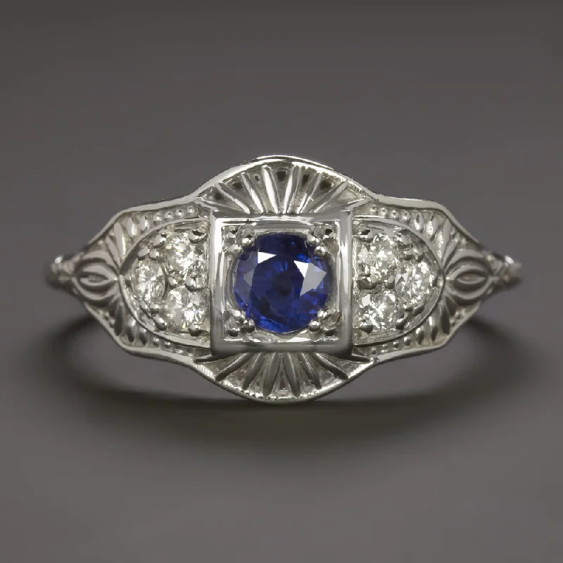 radiant cut engagement rings -SAPPHIRE DIAMOND RING VINTAGE STYLE COCKTAIL FILIGREE 14k WHITE GOLD BLUE