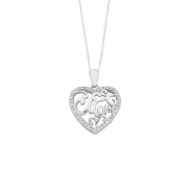 gold necklaces for women -Sterling Silver 'Mum' Cubic Zirconia Heart Necklace