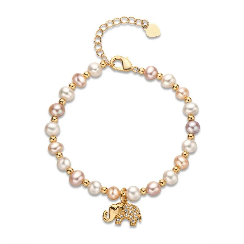 multi-colored bangles for women -14k Gold Filled Freshwater Pearl Lovely Elephant Charm Bracelet