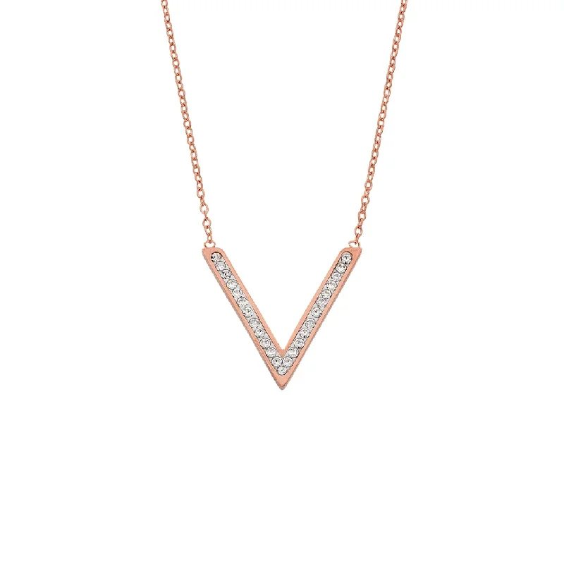 sparkling crystal necklaces for women -Rose Stainless Steel Crystal Pave V Necklace