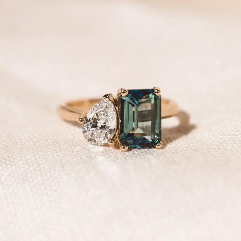 fancy engagement rings -Elodie Toi et Moi Emerald Sapphire and Lab Diamond Ring