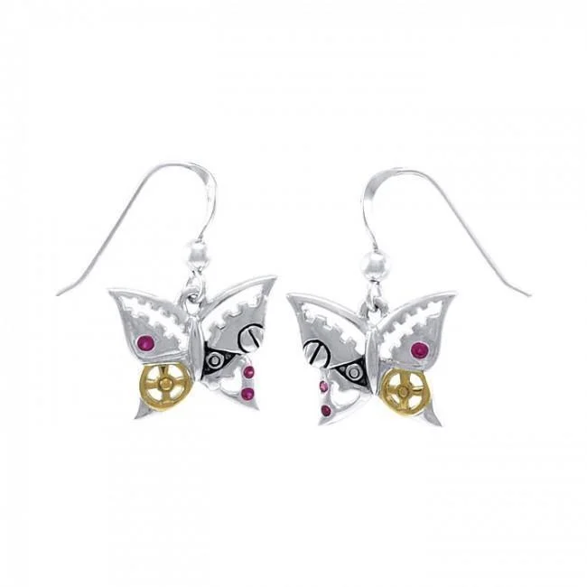 butterfly earrings for women -Fluttering butterflies in my heart ~ Sterling Silver Steampunk Hook Earrings with 14k Gold accent MER1370