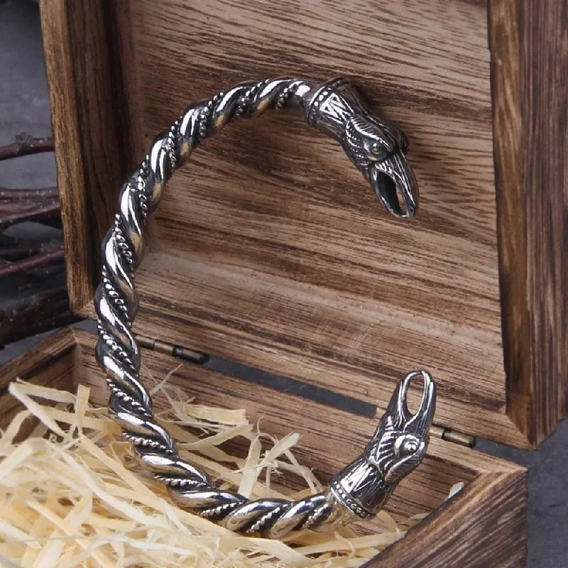 stackable bracelets for women -Hugin and Munin Raven Torc Bracelet - Stainless Steel