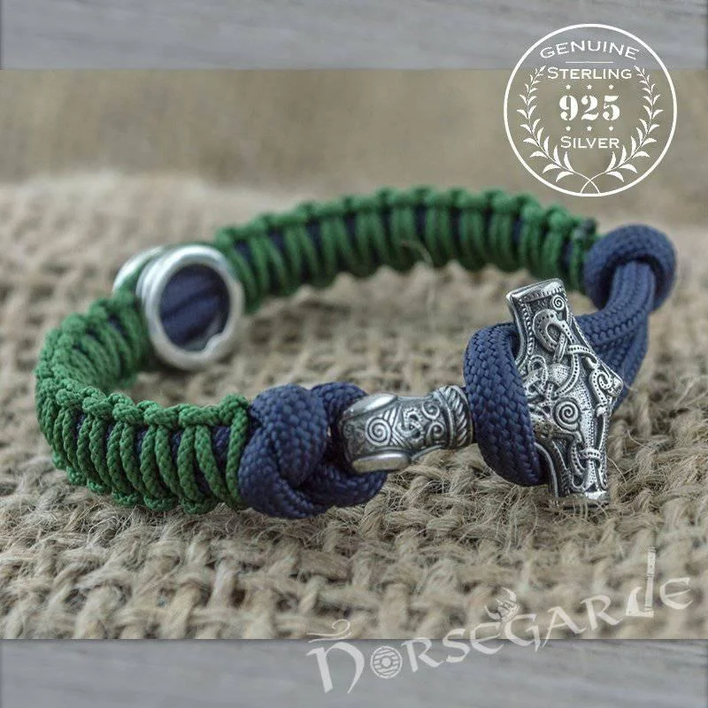 men’s and women’s matching bracelets -Handcrafted Lilypad Paracord Bracelet with Mjölnir and Rune - Sterling Silver