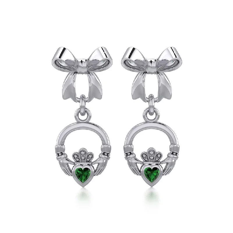 bridal earrings for women -Ribbon with Dangling Gemstone Claddagh Silver Post Earrings TER1861