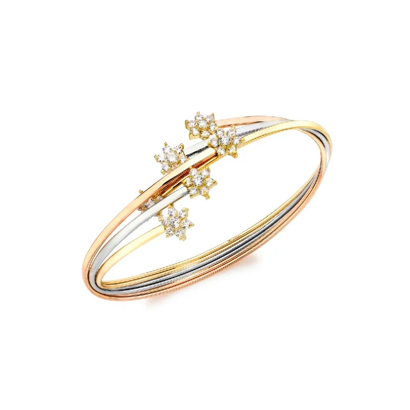 luxury silver bangles for women -9K 3-Colour Gold CZ 6-Flower Cluster Bangle