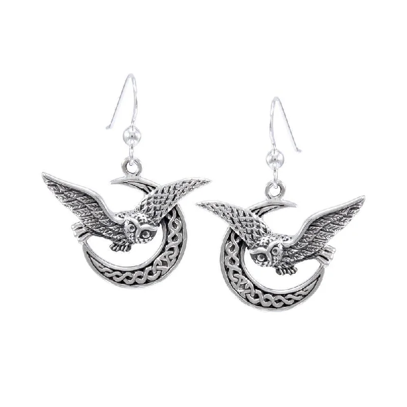 luxury diamond earrings for women -Celtic Owl on Crescent Moon Silver Earrings TER1489