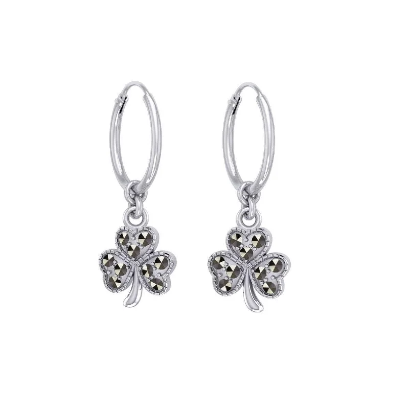 artistic earrings for women -Celtic Shamrock Silver Hoop Earrings with Marcasite TER2108