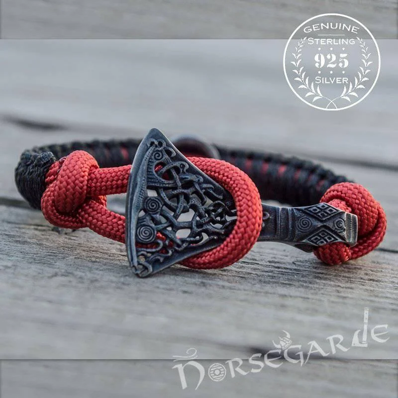 women’s chunky bracelets -Handcrafted Embers Paracord Bracelet with Axe Head and Rune - Ruthenium Plated Sterling Silver