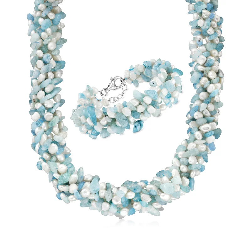 statement bracelets for women -Ross-Simons Aquamarine Bead and 5-6mm Cultured Pearl Torsade Necklace With Free Bracelet