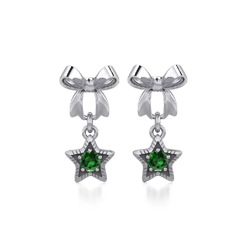 diamond hoop earrings for women -Ribbon with Dangling Gemstone Star Silver Post Earrings TER1854