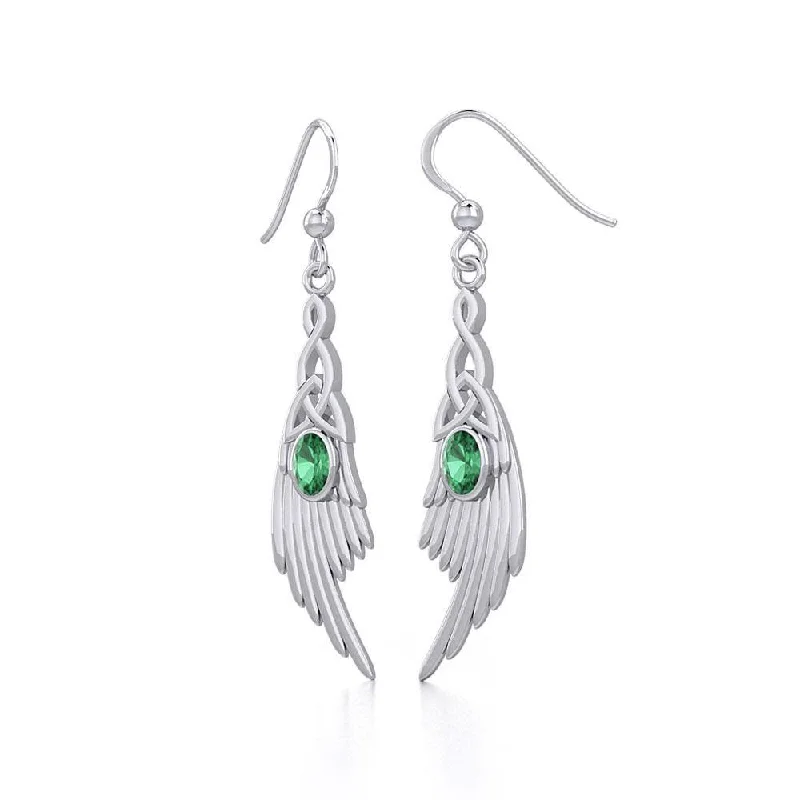 elegant earrings for women -Celtic Knot Angel Wing Silver Earrings with Oval Gemstone TER1927